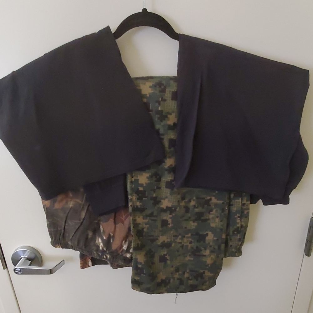 Lot of Camo pajama pants and black long sleeve